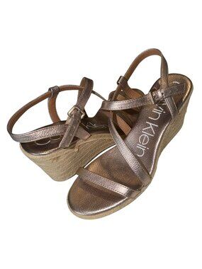 Calvin Klein Bellemine Gold Leather Strappy Buckle Wedge Sandals Size 7.5